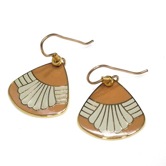 Vintage Laurel Burch Waterfall Earrings, Gold Plated, Beige & Gray Enamel - Picture 6 of 10